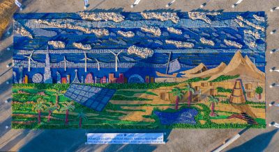 Aerials, UAE, Abu Dhabi, Masdar City, Guinness World Record for the world's largest mosaic made from recycled materials