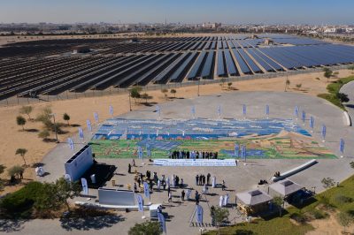 Aerials, UAE, Abu Dhabi, Masdar City, Solar Plant, Guinness World Record for the world's largest mosaic made from recycled materials