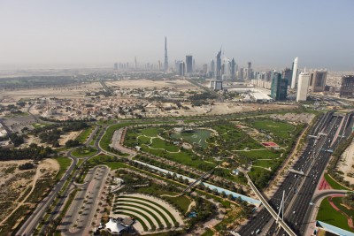 Aerials, UAE, Dubai, Zabeel Park view towards Sheikh Zayed Road