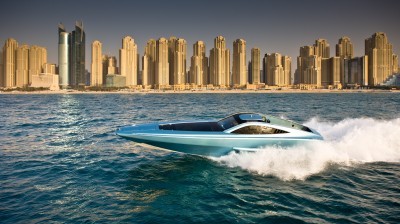 Architecture, UAE, Dubai, Dubai Marina, JBR, speed boat at Dubai Marina
