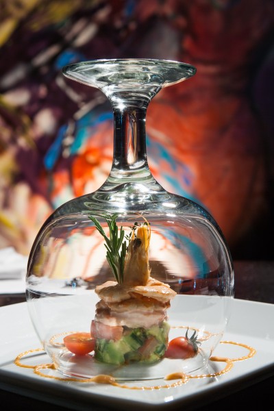 shrimp cocktail under glass